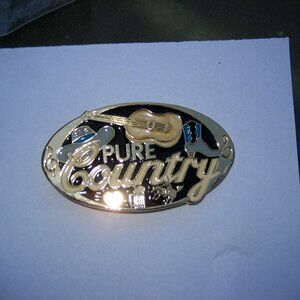 LARGE ENAMEL OVAL BELT BUCKLE "PURE COUNTRY"  3.75X2", COLORFUL USA